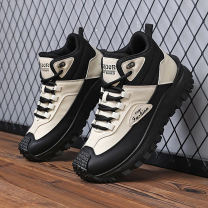 Men'S Black And White Mid Top Hiking Boots Waterproof Leather Platform Sneakers Non Slip Outdoor Casual Shoes With Rugged Sole