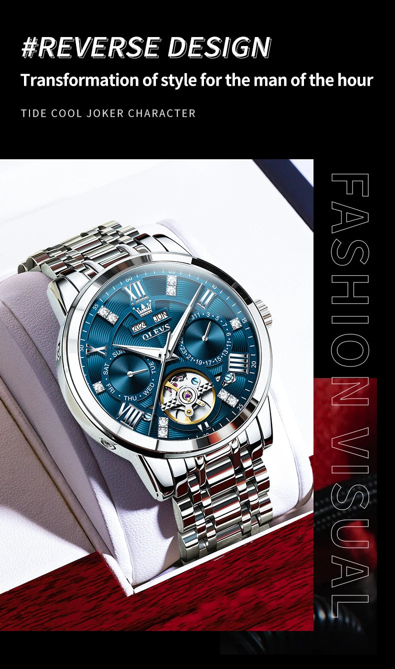 OLEVS 6701 Men's Watch Luxury Waterproof Auto Date Mechanical Watch For Men Hollow Skeleton Diamond Wristwatch Luminous Clock