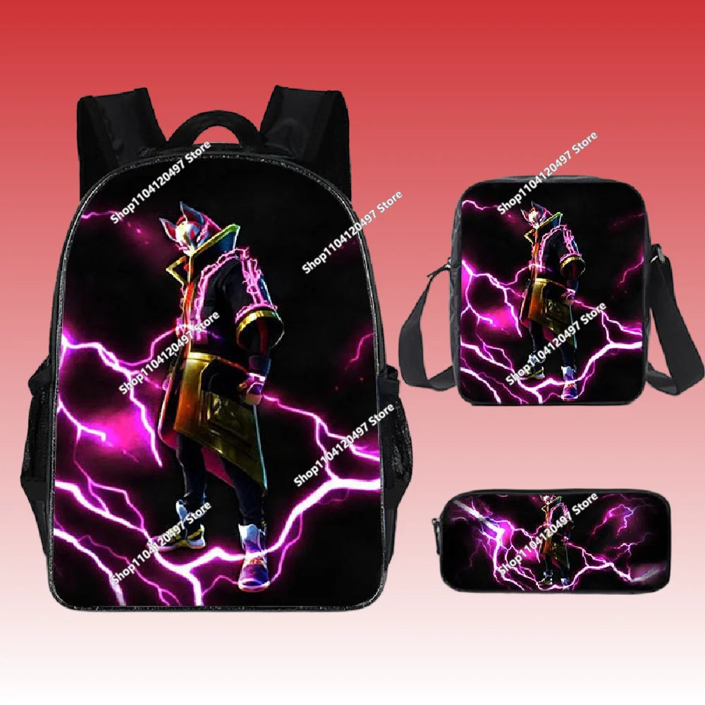 3pcs/set Mochila Fortnite de grande capacidade para estudante, estilo anime e cartoon, estojo, lancheira kawaii, presentes de aniversário
