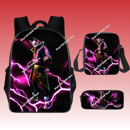 3pcs/set Mochila Fortnite de grande capacidade para estudante, estilo anime e cartoon, estojo, lancheira kawaii, presentes de aniversário