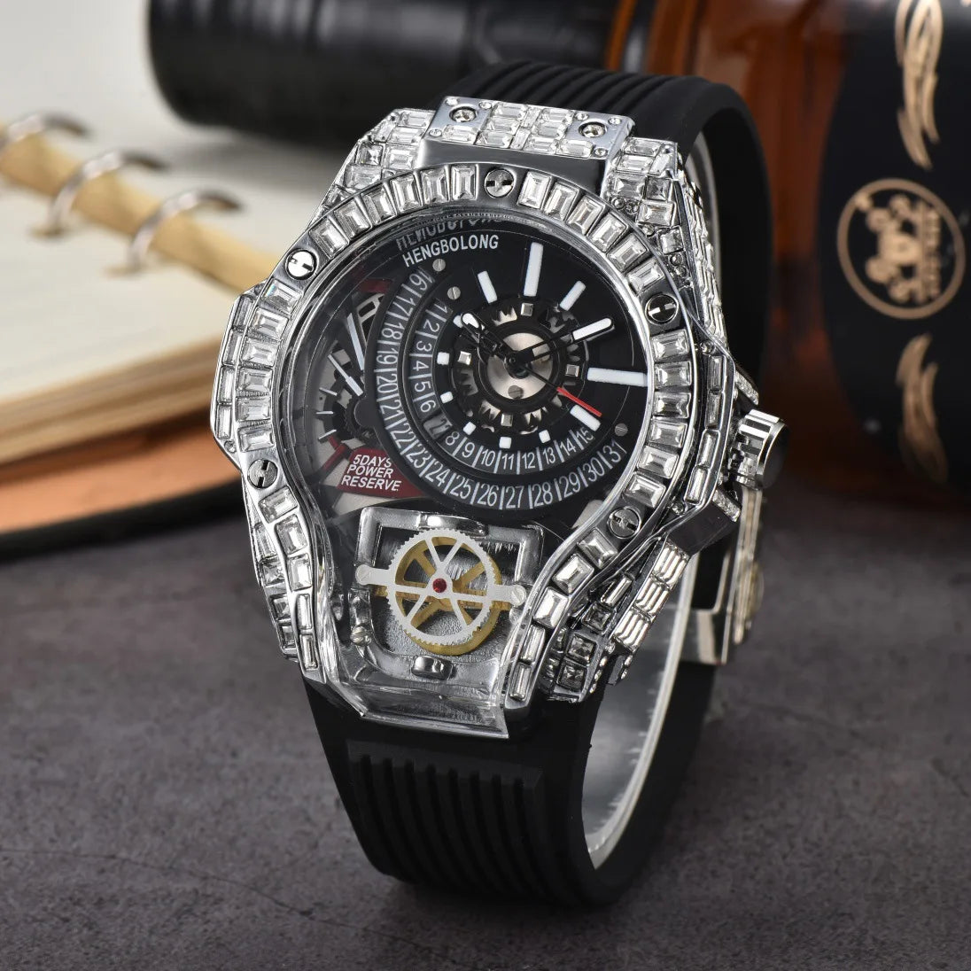 Full diamond Case Business Luxury Top Mens Watches Rubber Strap Color Creative Decorative Quartz Watch Men AAA Clocks Relogio