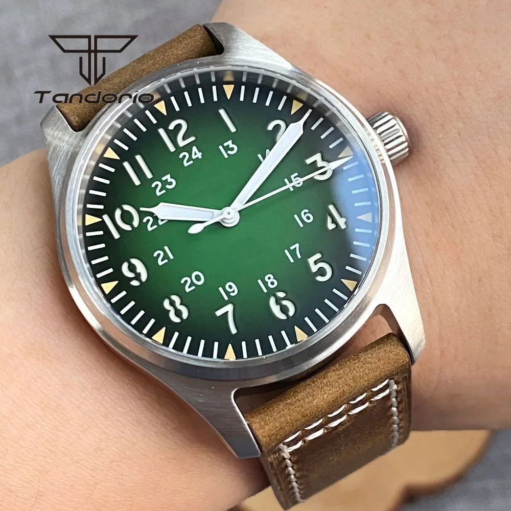 Tandorio 39mm Pilot Men's Diving Automatic Watch AR Sapphire Miyota8215/PT5000 Movt Mechanical Steel Wristwatch 20BAR Green Lume