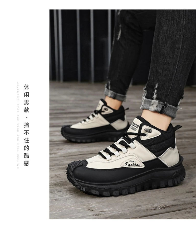 Men'S Black And White Mid Top Hiking Boots Waterproof Leather Platform Sneakers Non Slip Outdoor Casual Shoes With Rugged Sole