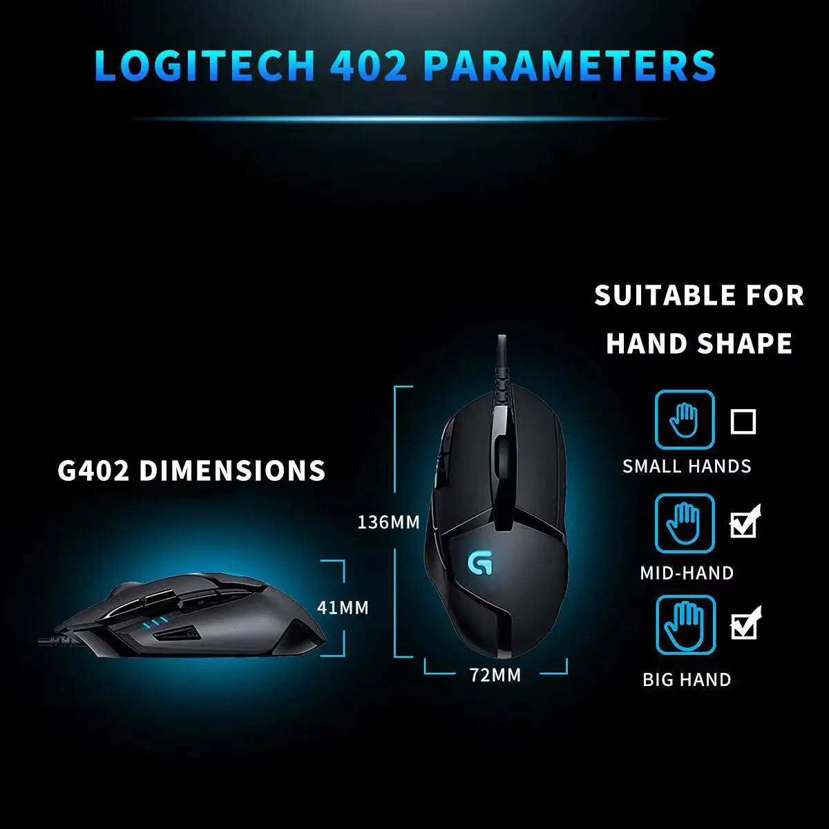 Rato Gaming com Fios Logitech G402, Processador ARM de 32-Bit, 8 Botões, 500 IPS, Antiderrapante, para Sessões de Gaming e Trabalho Durante Todo o Dia