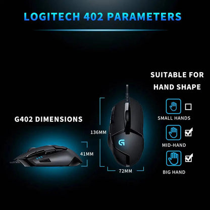 Rato Gaming com Fios Logitech G402, Processador ARM de 32-Bit, 8 Botões, 500 IPS, Antiderrapante, para Sessões de Gaming e Trabalho Durante Todo o Dia