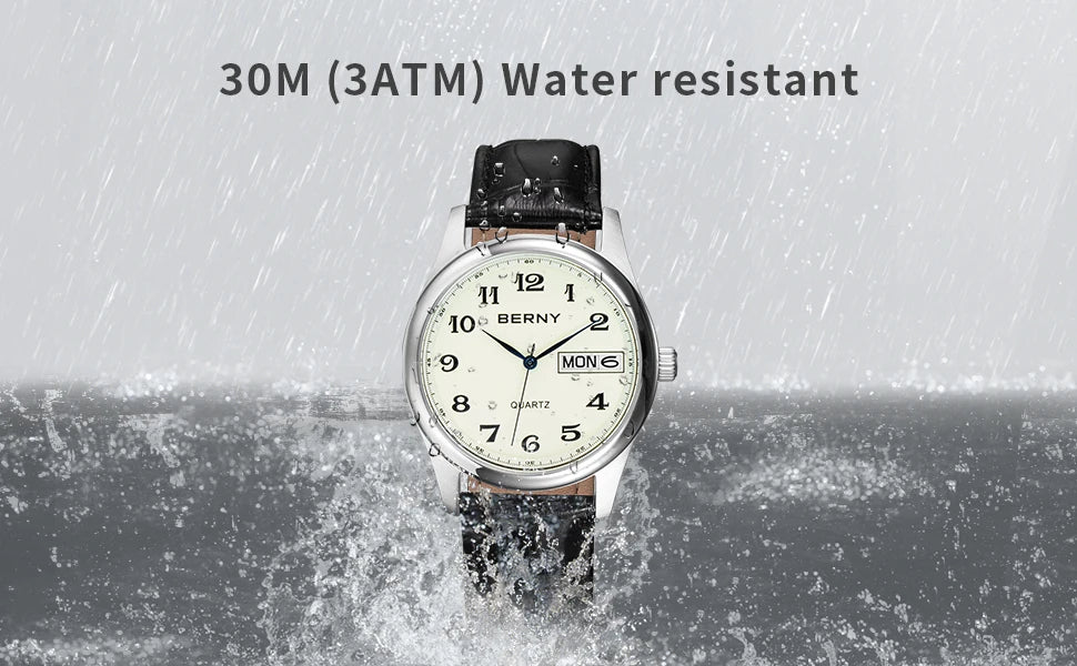 BERNY Quartz Watch for Men Miyota 2405 Business Male Wristwatch Day Top Calendar Genuine Leather Classic Men Watches Waterproof