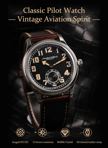 HRUODLAND Retro Flieger Automatic Watches for Men 38mm Seagull ST1701 Mechanical Wristwatch C3 Green Luminous K1 Mineral Bubble Crystal Oil Leather Strap Business Pilot Watch