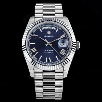 Sugess Watch Mens 40mm Date Day Automatic Dandong Peacock SL3034 Movement Retro Mechanical Wristwatch Sapphire Glass Golden New