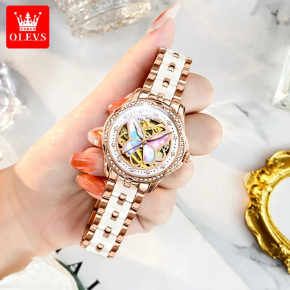 OLEVS 6615 Top Original Automatic Mechanical Wrist Watch for Women Luxury Elegant Diamond Hollow Colorful Butterfly Ladies Watch