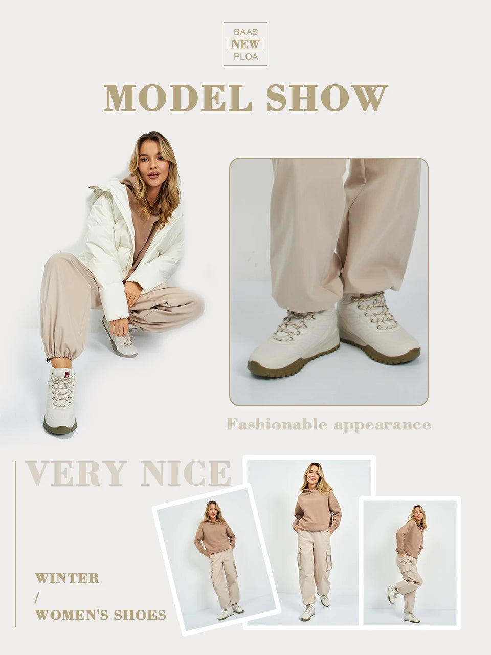 Baasploa Winter Women Sneakers Plush Warm Snow Boots Non-Slip Waterproof Shoes Women Outdoor Boots Walking Shoes