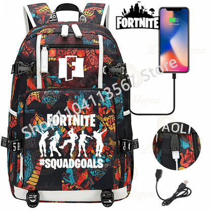 Mochila Yule Trooper F-Fortnited Battle Royale com carregamento USB, figuras anime e compartimento para material escolar para estudantes