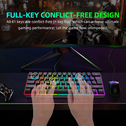 Gaming Keyboard, Russian/English RGB Backlit 61 Key Ultra-Compact Keyboard, Waterproof Mechanical Feeling Office Gaming Keyboards