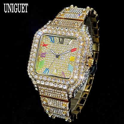 UNIGUET Big Diamond Watch Men Luxury Colored Roman Literal Watch Man Hip Hop Jewelry Bling Bling Square Wristwatch Dropshipping