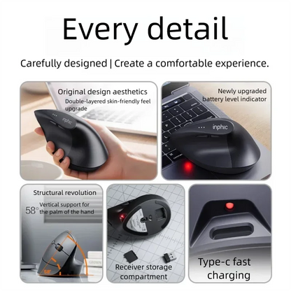 Rato sem fios vertical Inphic X9 PRO, carregamento rápido Type-C, ergonómico e silencioso, para escritório, portátil, PC, computador e gaming