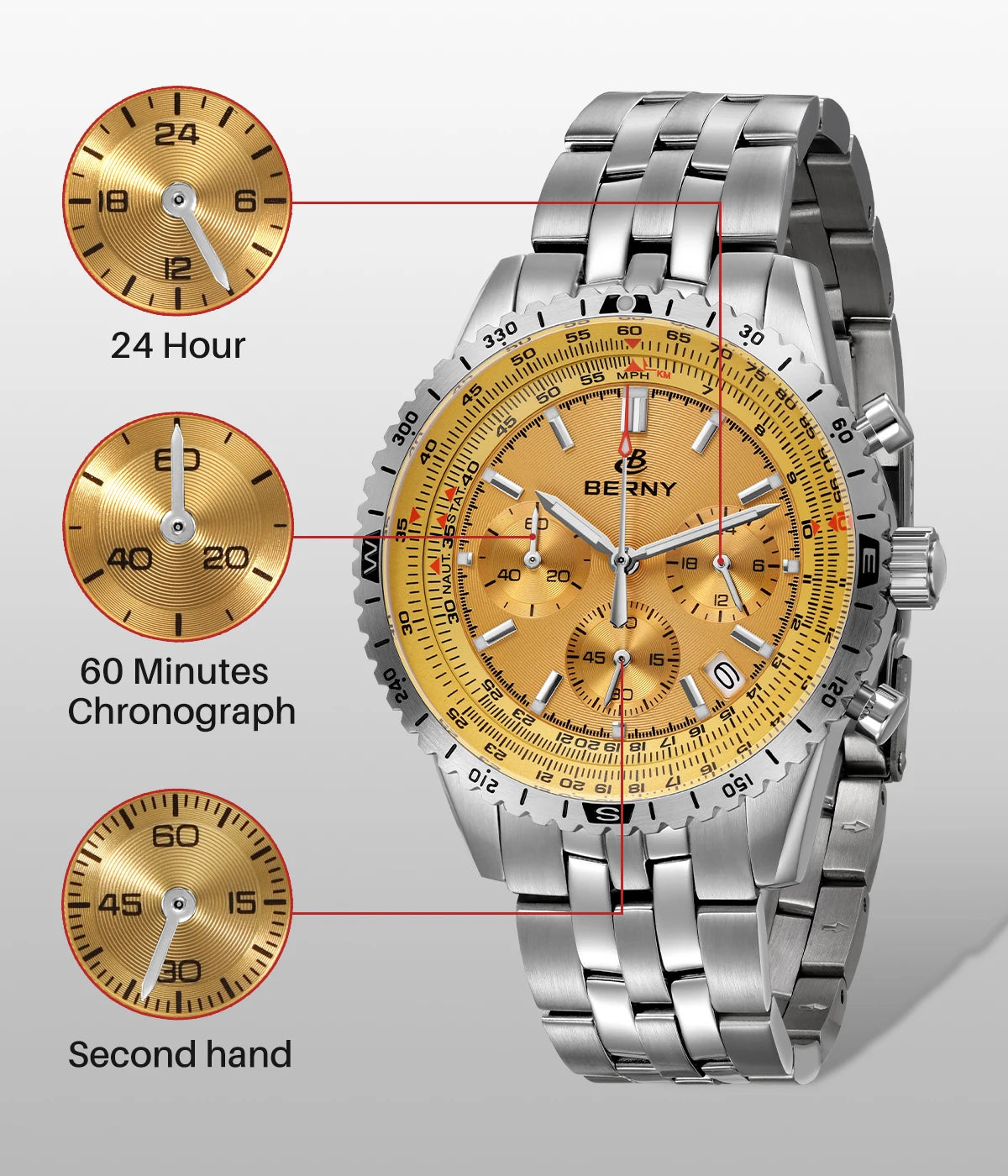 BERNY Aviation Men's Watches Quartz Chronograph Watch Date Sapphire Super Luminous Luxury Brand Dress Man Wristwatch