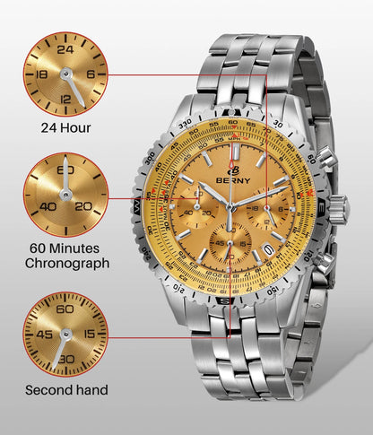 BERNY Aviation Men's Watches Quartz Chronograph Watch Date Sapphire Super Luminous Luxury Brand Dress Man Wristwatch
