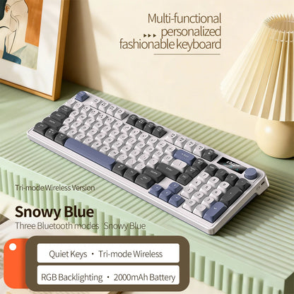 98 key Wireless Keyboard Knob Control BT/2.4g/Wired, RGB LED Backlight Display, 2000mA Battery for PC/Laptop