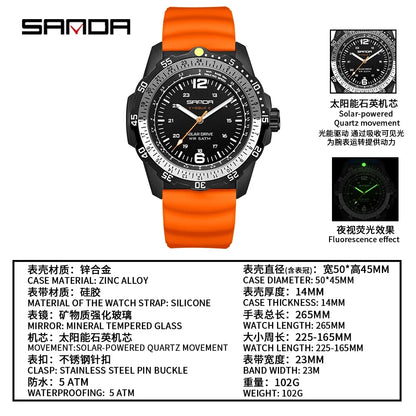 SANDA Luxury Men's Solar-powered Watch Creative Quartz Dial Luminous Hands Waterproof Sport Student Wristwatch Innovative Design