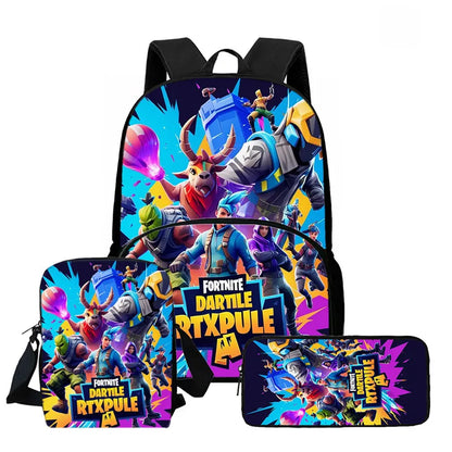 Conjunto de Mochila Fortnite Cartoon de 3 Peças Unissexo para Rapazes e Raparigas, Mochila com Bolso Frontal, Mala a Tiracolo e Estojo, Presente Ideal