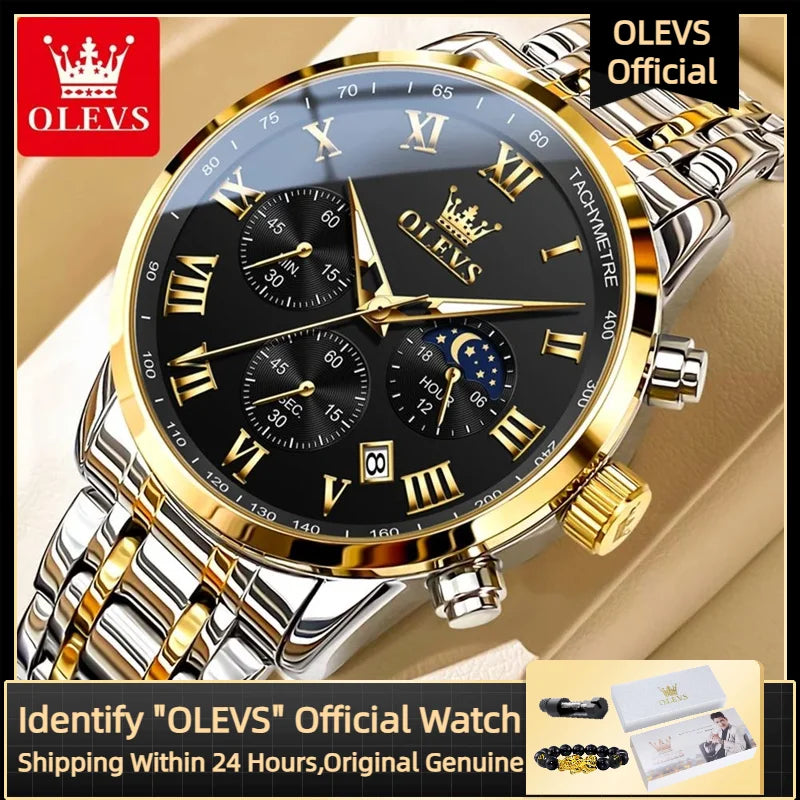 Relógio de Homem OLEVS 5529 de Marca Top Luxury, Impermeável, Luminoso, em Aço Inoxidável, com Fase Lunar e Código de Temporização, Novo Relógio de Quartzo para Homem
