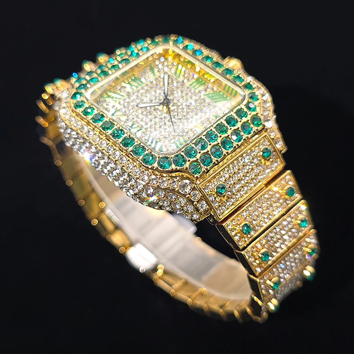 Gold Watch For Men Hip Hop Luxury Green Diamond Quartz Watches Fashion Iced Jewelry Clock Dropshipping