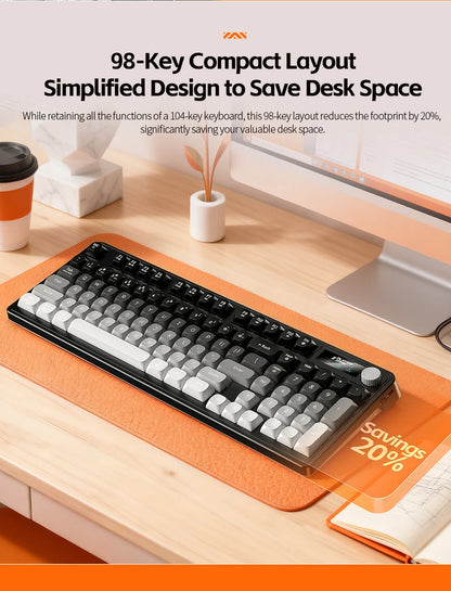 98 key Wireless Keyboard Knob Control BT/2.4g/Wired, RGB LED Backlight Display, 2000mA Battery for PC/Laptop