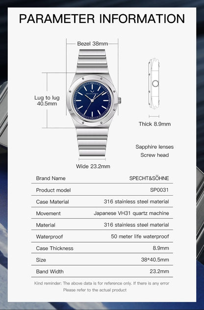 New Arrivals 2026 Specht & Söhne Luxury Watch 38MM Men's Quartz Super Slim Stainless Steel Sapphire Crystal 50M Water Resistant