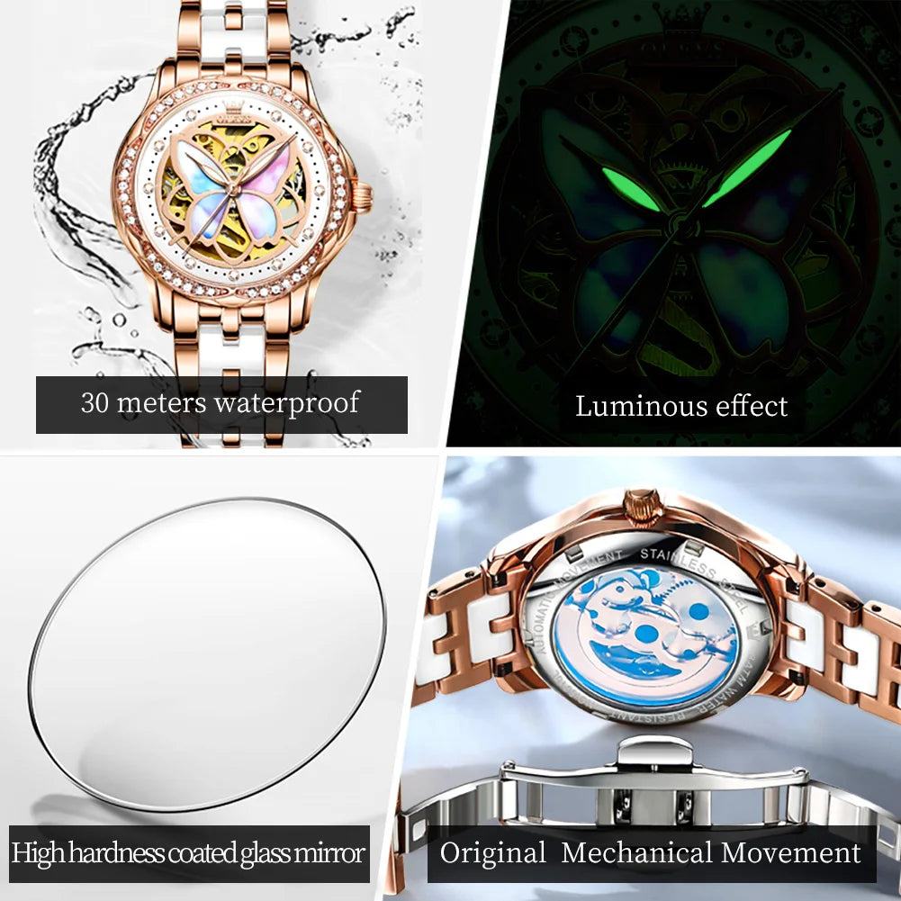 OLEVS 6615 Top Original Automatic Mechanical Wrist Watch for Women Luxury Elegant Diamond Hollow Colorful Butterfly Ladies Watch