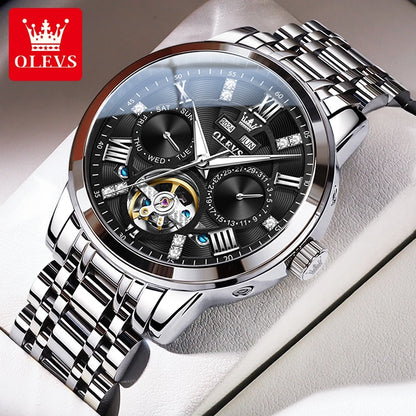 OLEVS 6701 Men's Watch Luxury Waterproof Auto Date Mechanical Watch For Men Hollow Skeleton Diamond Wristwatch Luminous Clock