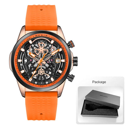 MEGIR Chronograph Quartz Watch Men Fashion Waterproof Yellow Silicone Strap Sport Wristwatch with Luminous Hands Auto Date 2235