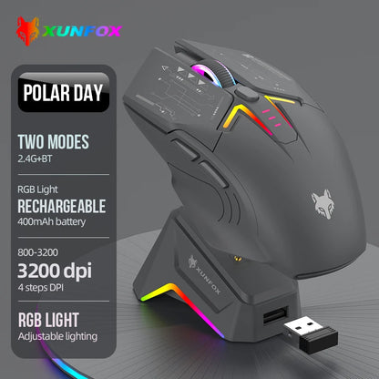 Rato XUNSVFOX H2 sem fios Bluetooth de modo duplo, iluminação RGB, para portátil, gaming e escritório, com carregamento magnético