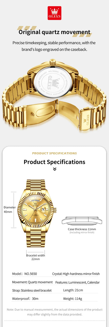 OLEVS 5650 Quartz Men's Watches Unique Week Calendar Display Luxury Brand Original Watches for Men Luminous Waterproof Man Watch