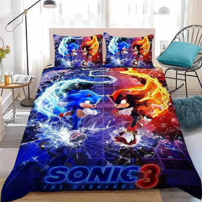 Conjunto de Capa de Edredão The Movie H-Hedgehog S-SonicES 3 em Algodão Lavado Macio, Roupa de Cama Confortável de Verão para Dormitório de Estudante e Casa, 2/3 Peças