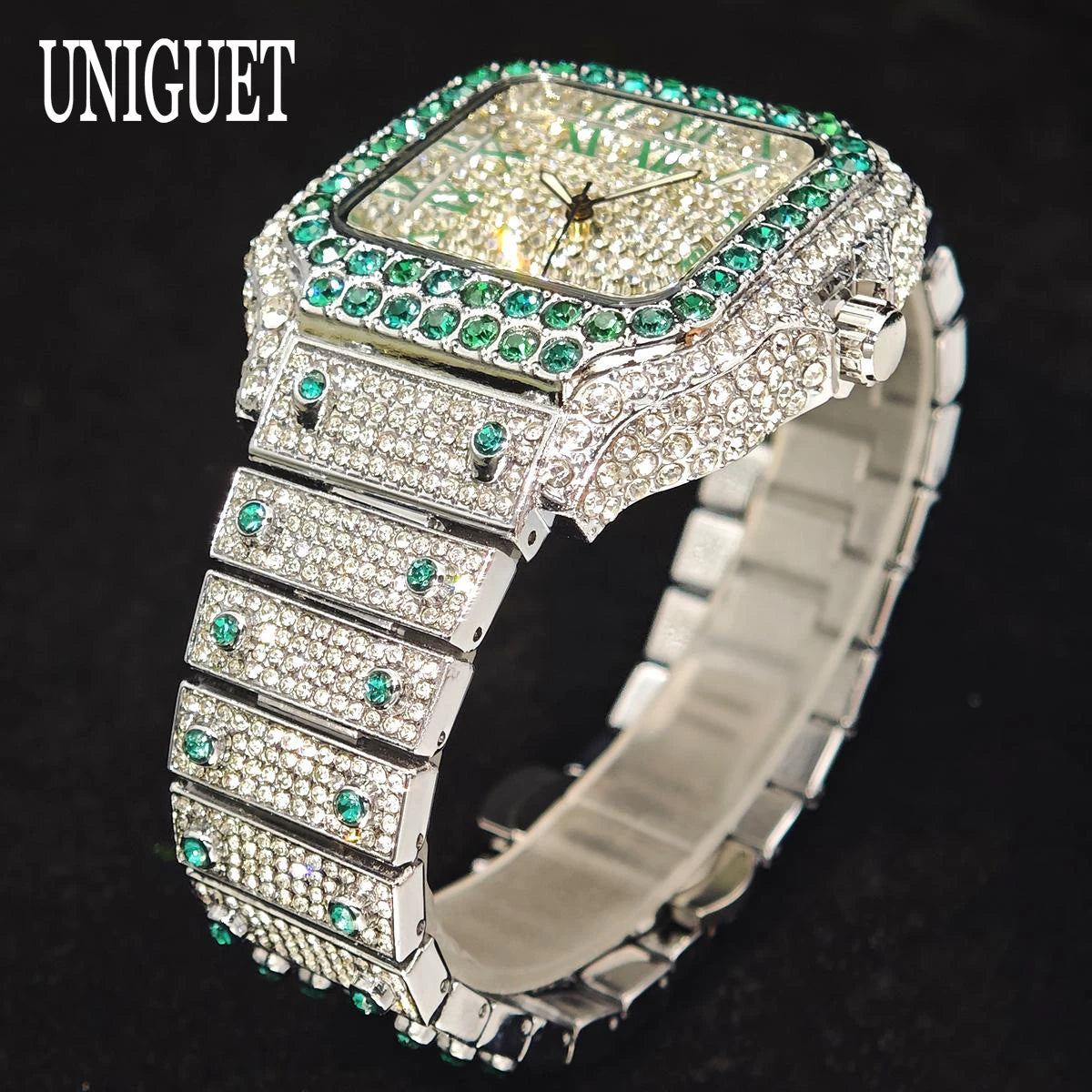 UNIGUET Big Diamond Watch Men Luxury Colored Roman Literal Watch Man Hip Hop Jewelry Bling Bling Square Wristwatch Dropshipping
