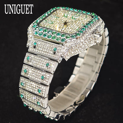 UNIGUET Big Diamond Watch Men Luxury Colored Roman Literal Watch Man Hip Hop Jewelry Bling Bling Square Wristwatch Dropshipping