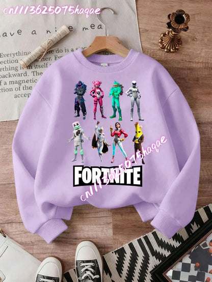 Sweat-shirts Fortnite novos para criança, hoodie com estampado de personagens de jogo em estilo cartoon, tops casuais de outono para criança, roupa de inverno para bebé menino