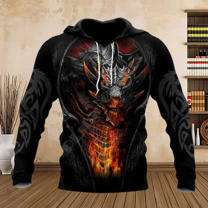 Sweatshirts com Dragão Tatuado, Estampado 3D, para Primavera e Outono, Hoodies com Capuz para Homem, Manga Comprida, Unissexo, Streetwear Casual para Homem