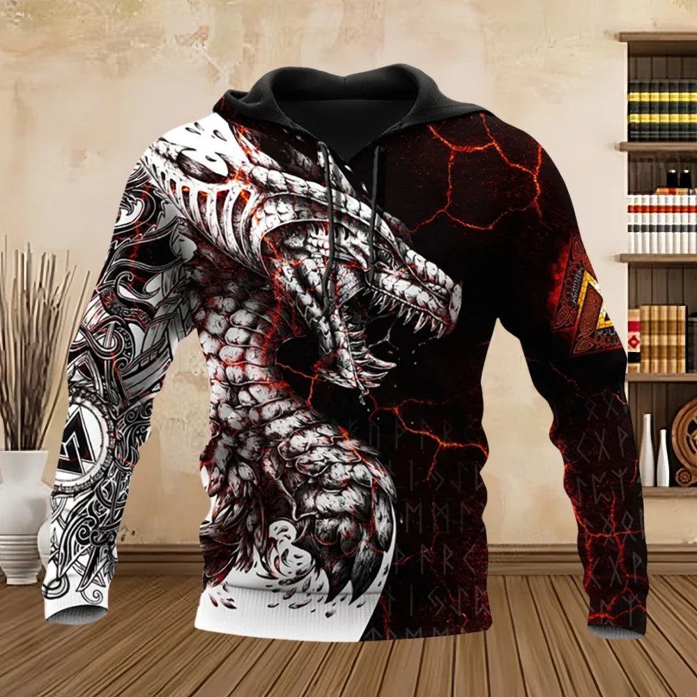 Sweatshirt com Capuz Unissexo para Homem, Manga Comprida, Estampado 3D com Dragão Tattoo, Primavera/Outono, Streetwear Casual, Pullover, Fato de Treino
