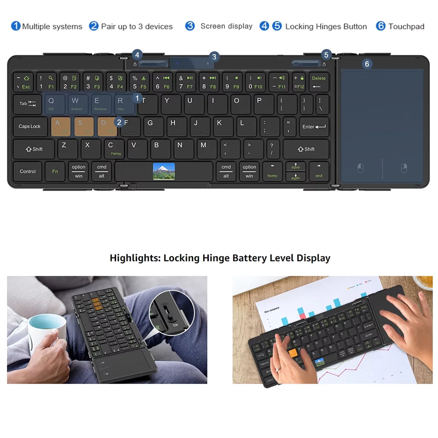 Folding Travel Keyboard with Touchpad & Display, Foldable Bluetooth Keyboard for Windows iOS Android, Multi Device Keyboard