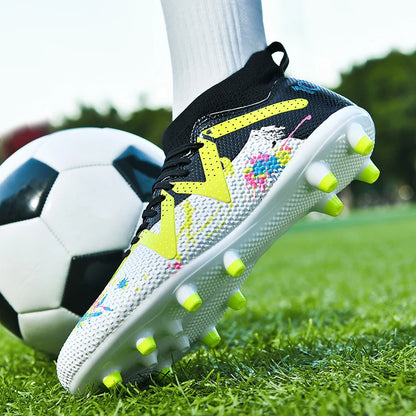 AG/FG Long Studs Soccer Shoes，PU Fabric Mixed Upper，TPU Sole Wear Resistant Anti Slip，Men Women Kids Youth Outdoor Sports