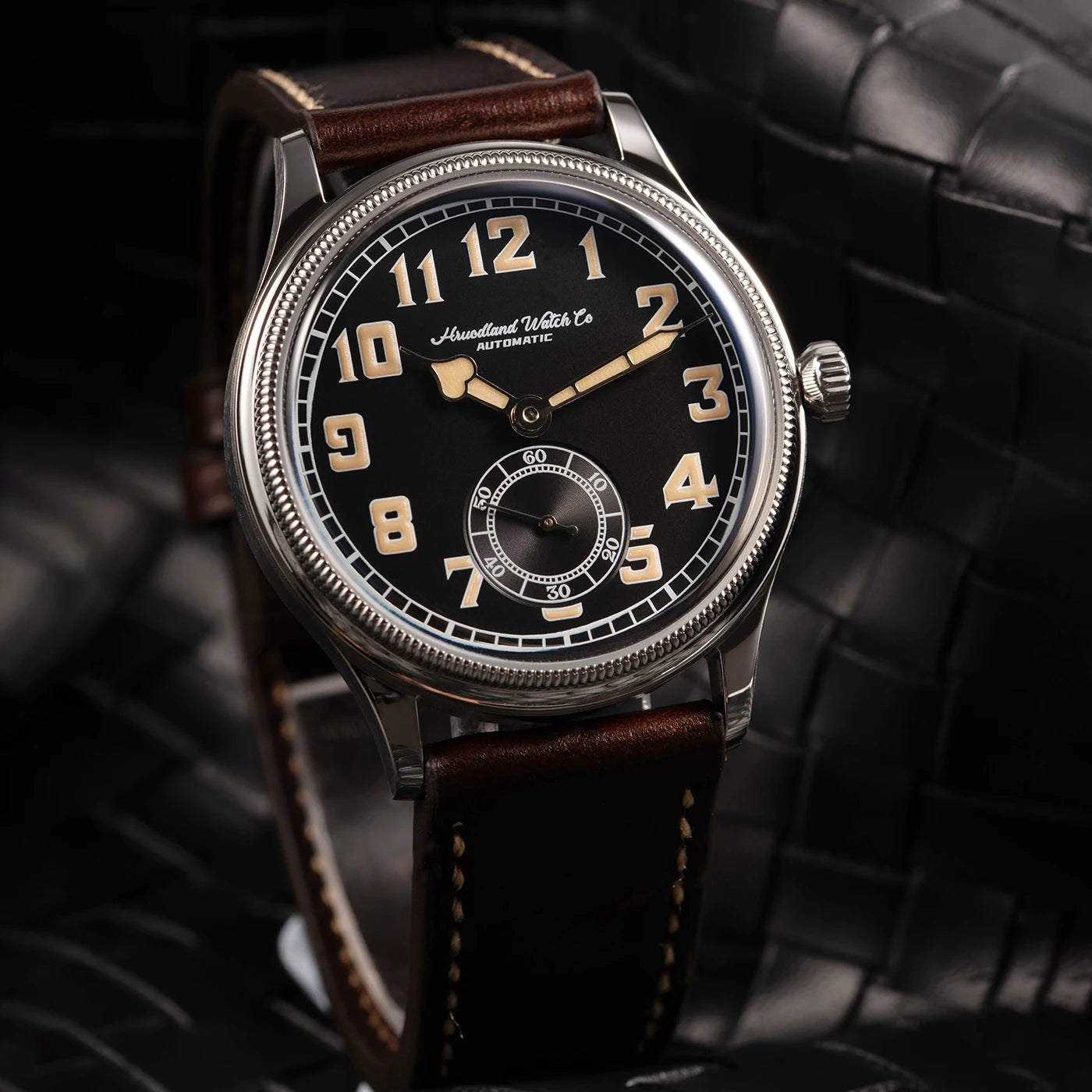 HRUODLAND Retro Flieger Automatic Watches for Men 38mm Seagull ST1701 Mechanical Wristwatch C3 Green Luminous K1 Mineral Bubble Crystal Oil Leather Strap Business Pilot Watch