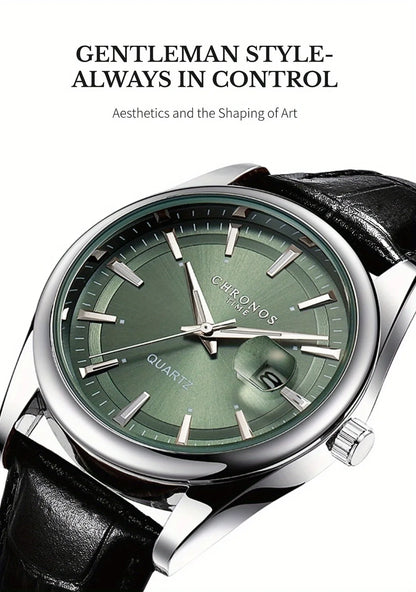 CHRONOS Men Classic Quartz Wrist Watch with Calendar Luminous Dial Leather Strap Casual Business Leisure Outdoor Sports Watches