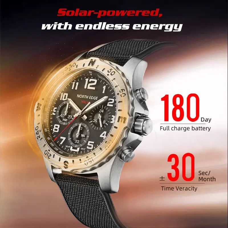 NORTH EDGE 2024 MACH 2 Men's Watches Solar Power 316 stainless steel Case Quartz Watch For Men Pilot Waterproof 50M Stopwatch