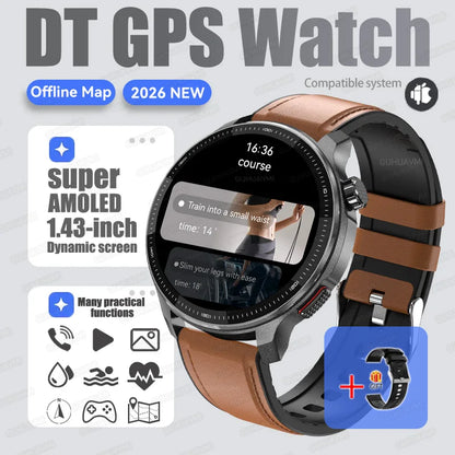 New GPS Offline Maps Smart Watch Men Memory 3D Menu Styles TWS MP3&MP4 Player 1.43"AMOLED Compass Sport Swim Waterproof Bracelet