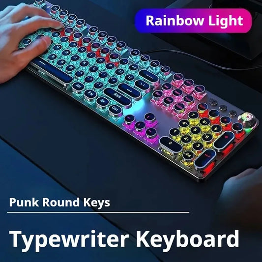 EWEADN Punk Typewriter Mechanical Gaming Keyboard 104 Keys Keypad LED Colorful Backlit USB Wired Old Style Keyboards for Windows