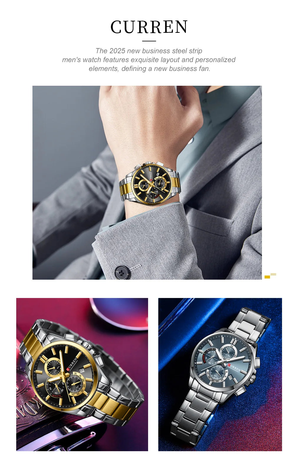 CURREN Men's Stainless Steel Chronograph Watches with Luminous Hands,Triple Sub-Dials Auto Date Fashion Design Quartz Wristwatch