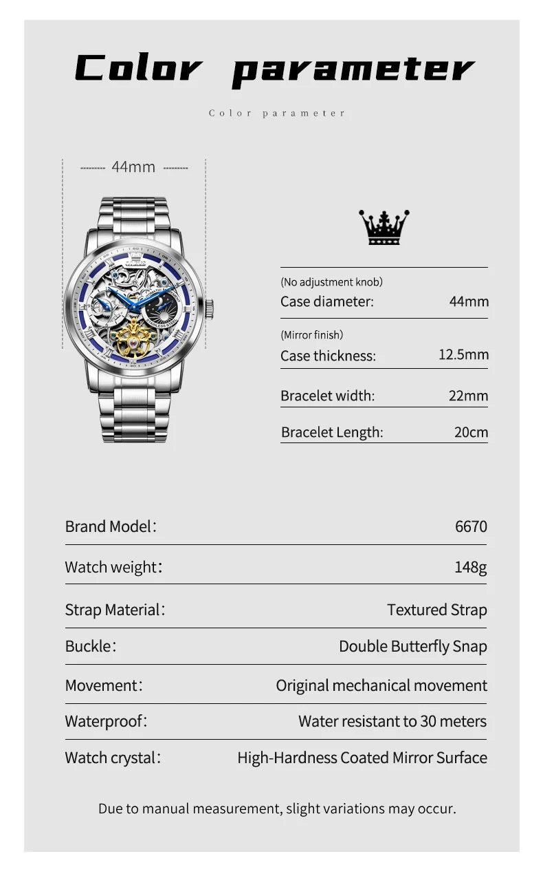 OLEVS 6670 Mens Watch Luxury Brand Skeleton Mechanical Watch Moon Phase Stainless Steel Watches For Man Gifts Box High Quality