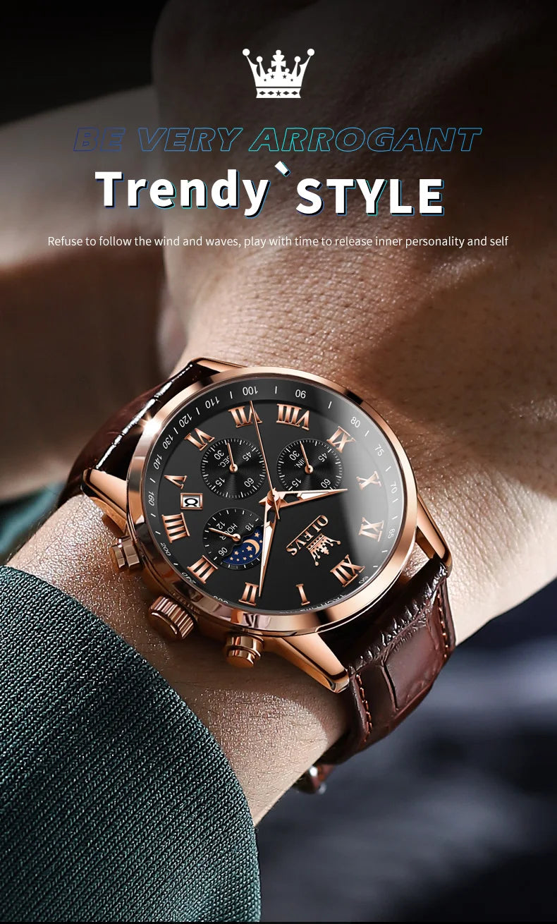 Relógio de Homem OLEVS 5529 de Marca Top Luxury, Impermeável, Luminoso, em Aço Inoxidável, com Fase Lunar e Código de Temporização, Novo Relógio de Quartzo para Homem