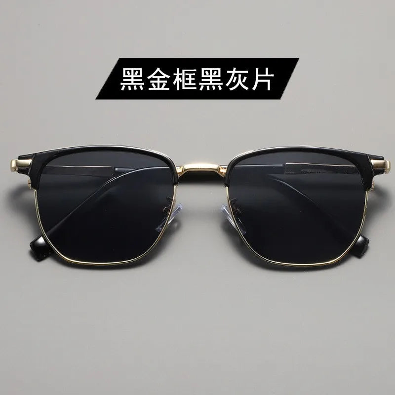 Handsome Half Frame Sunglasses Personalized Retro Rectangular Design Black Gray Eyeglass Lenses UV Resistant Sunglasses