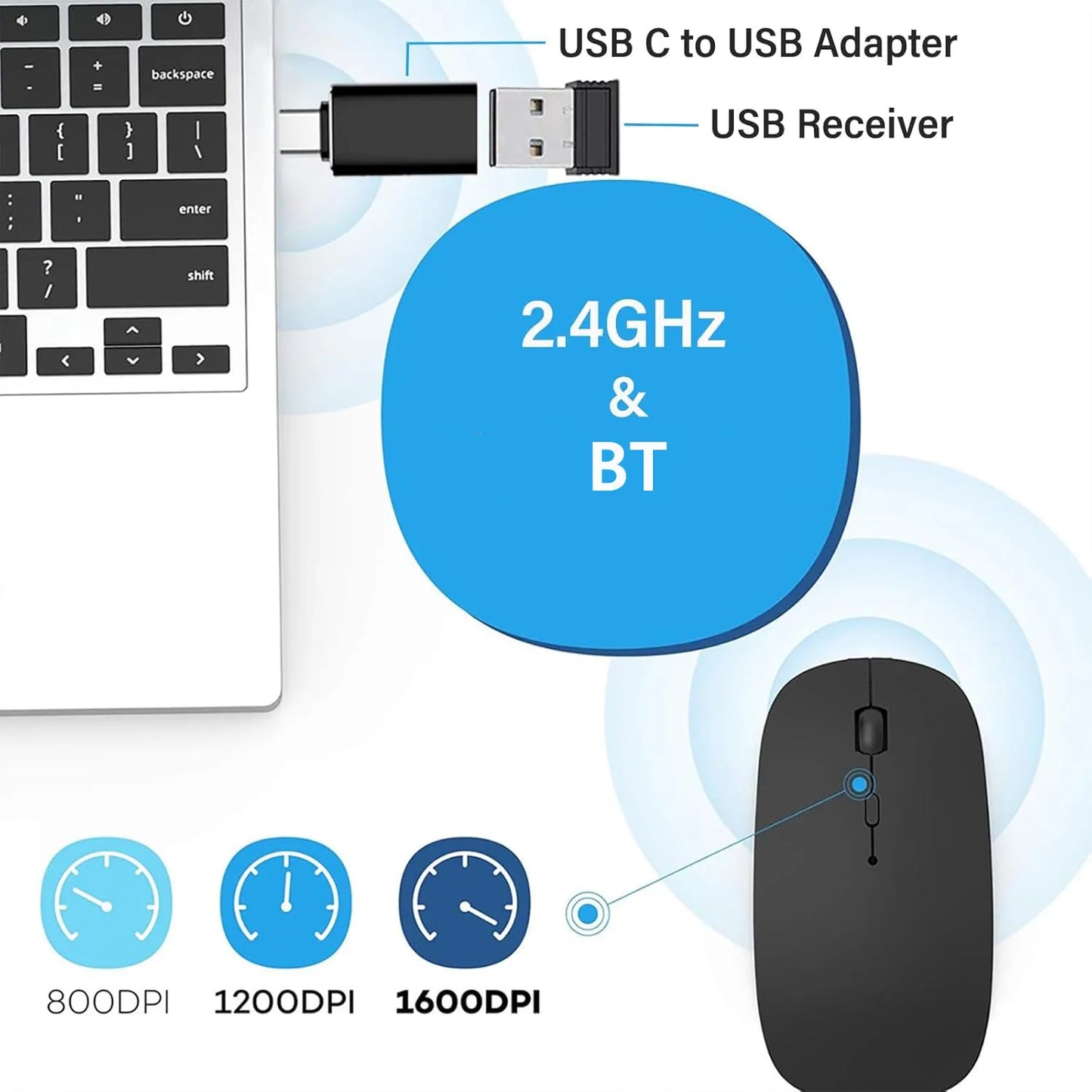 Rato sem fios recarregável de modo duplo, compatível com Bluetooth, 2.4G USB, para computador portátil, iPad, tablet e notebook, rato gaming